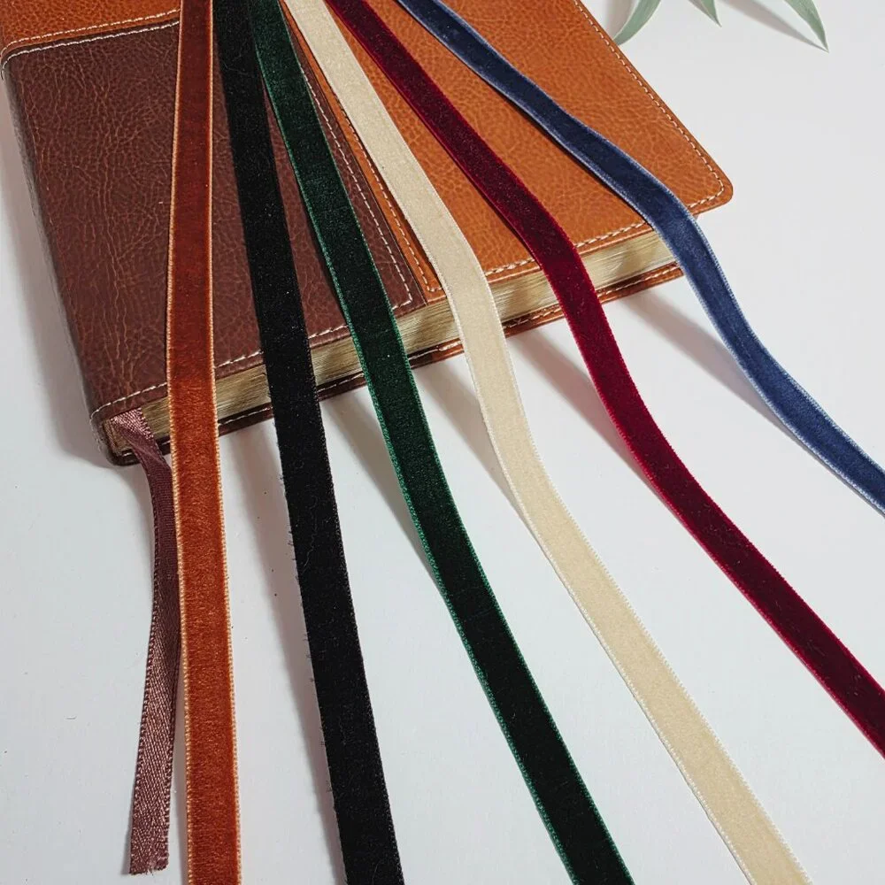 Handmade Velvet Bible Bookmark with Glass Beads & Embossed Leather Tab